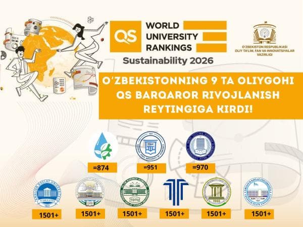 O‘zbekistonning 9 ta oliygohi QS Barqaror rivojlanish reytingidan joy oldi! O‘zbekistonning 9 ta oliygohi QS Barqaror rivojlanish reytingidan joy oldi!